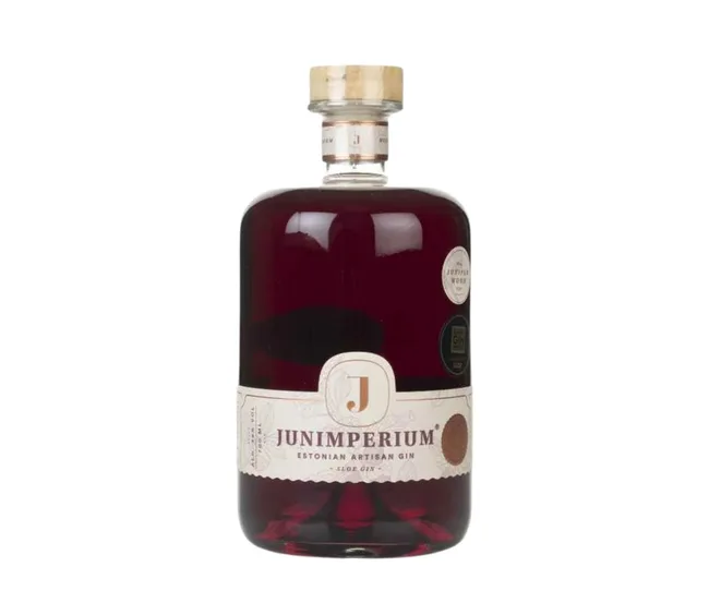 Junimperium Estonian Artisan Gin bottle with dark red liquid and a wooden cap.
