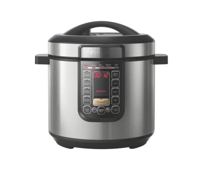 Stainless steel Philips electric pressure cooker with digital display and control buttons.