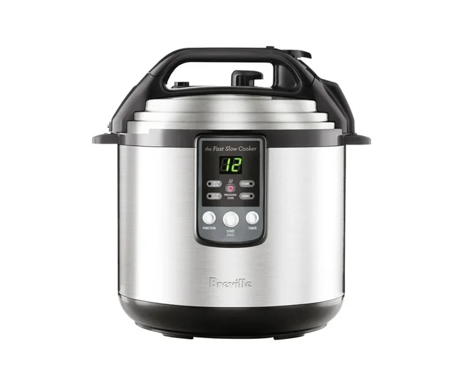 A Breville Fast Slow Cooker with digital display and control buttons on a white background.