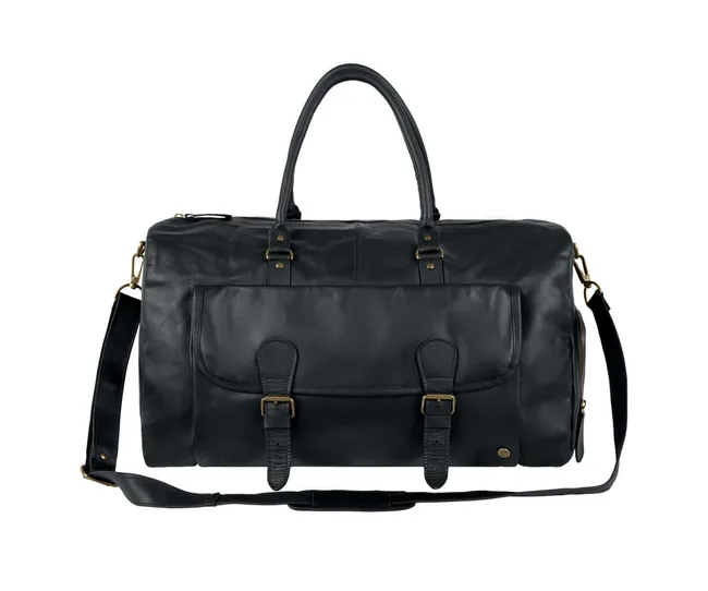 Black leather duffel bag with handles and adjustable shoulder strap, featuring front flap pocket and brass hardware.
