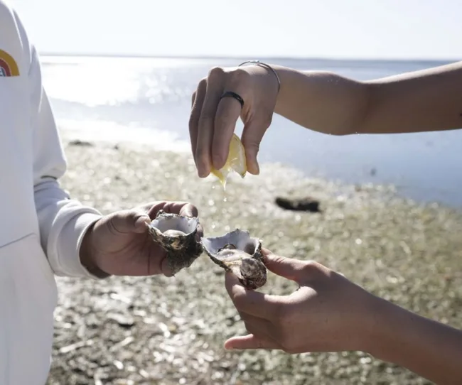 Two people holding cracked open oysters near the water, squeezing a lemon over them.