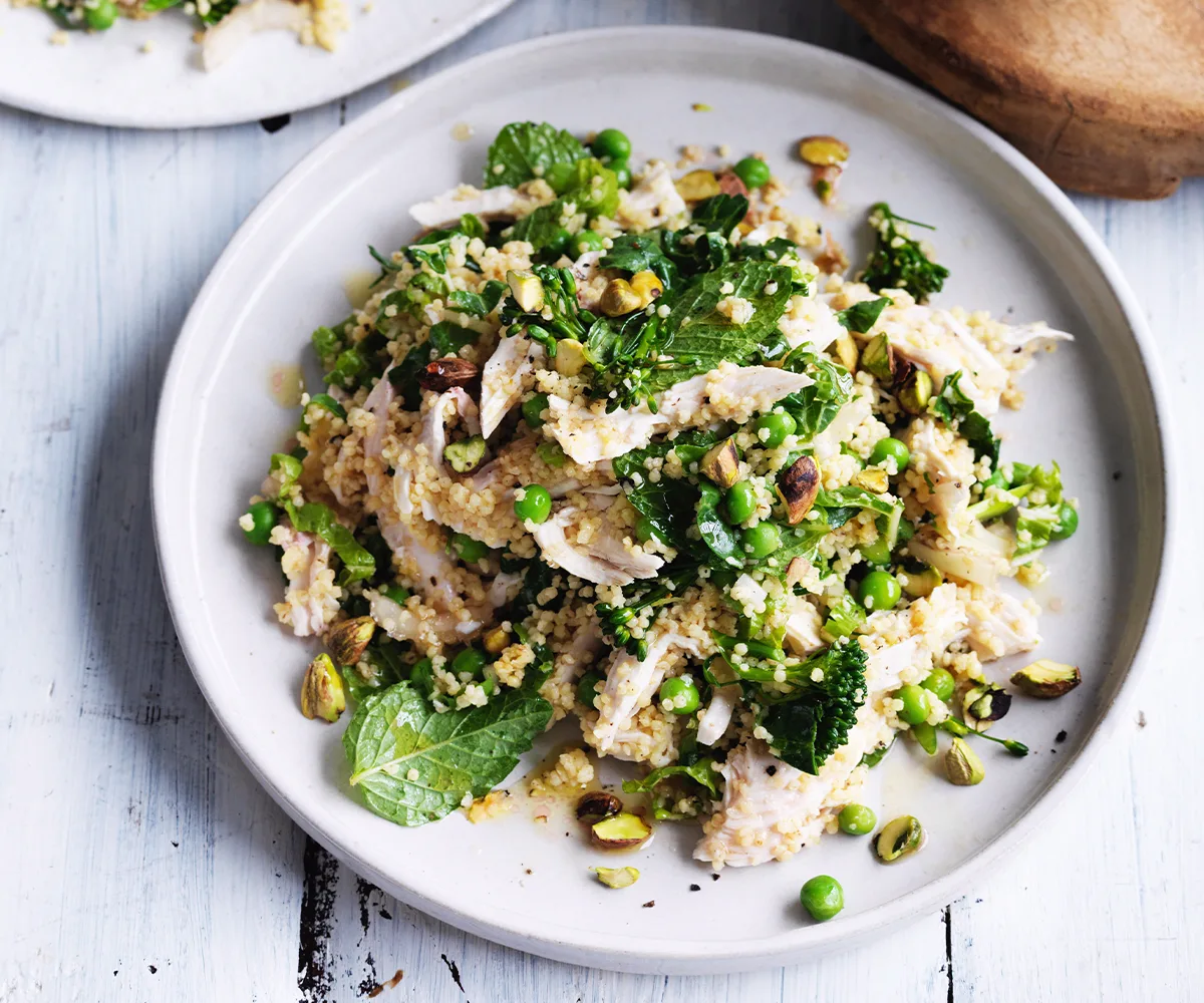 Poached chicken and millet salad with peas and mint