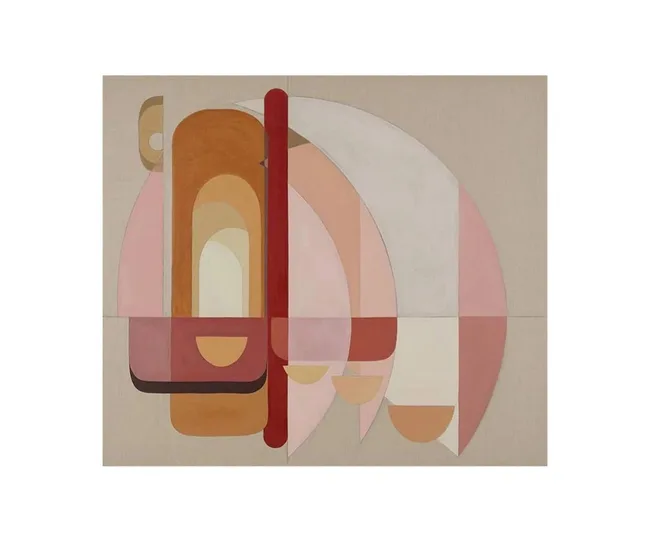 Abstract geometric painting with overlapping arches and semi-circles in earthy tones on a neutral background.