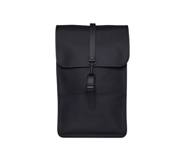 A sleek black minimalist backpack with a top flap and buckle closure.