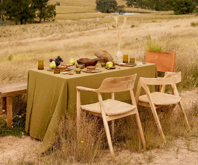 Outdoor dining setup with a green tablecloth, two wooden chairs, rustic crockery, and fruits on a table in a grassy field.