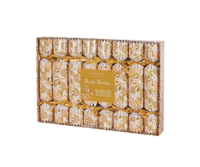 Box of Holly & Ivy Christmas Bon Bons, decorated with gold and white pattern and tied with gold ribbons.