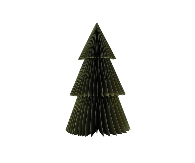 Origami-style dark green paper Christmas tree against a white background.