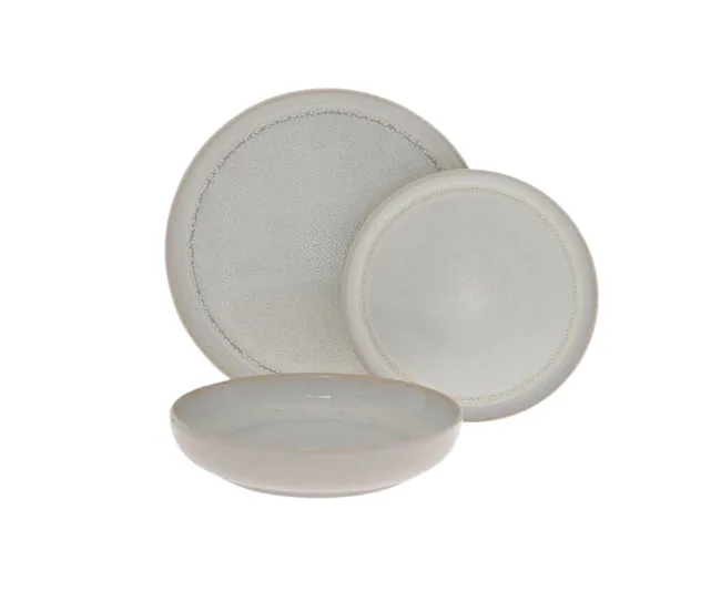 Ceramic dinnerware set with two plates and a bowl in a neutral, muted color.
