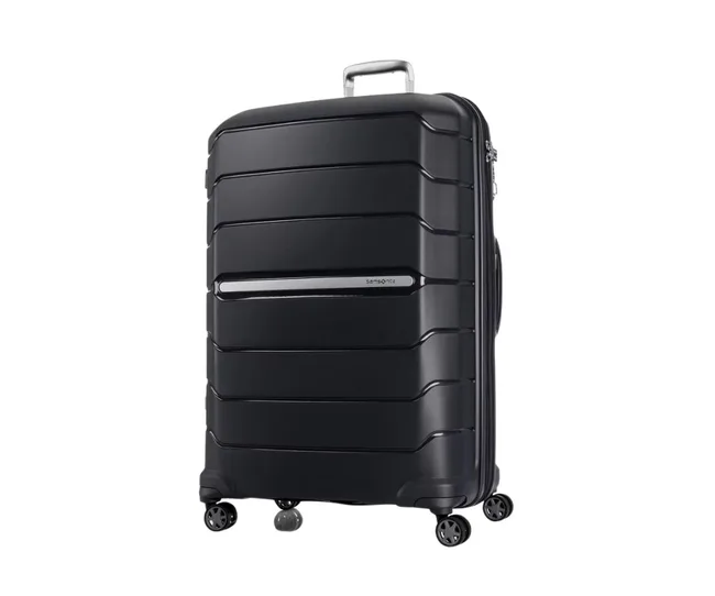 Black Samsonite hardshell suitcase with four wheels and a telescopic handle.