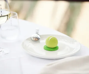 food Australian Open 2024 program - photo of tennis ball-inspired dessert by Stokehouse. 