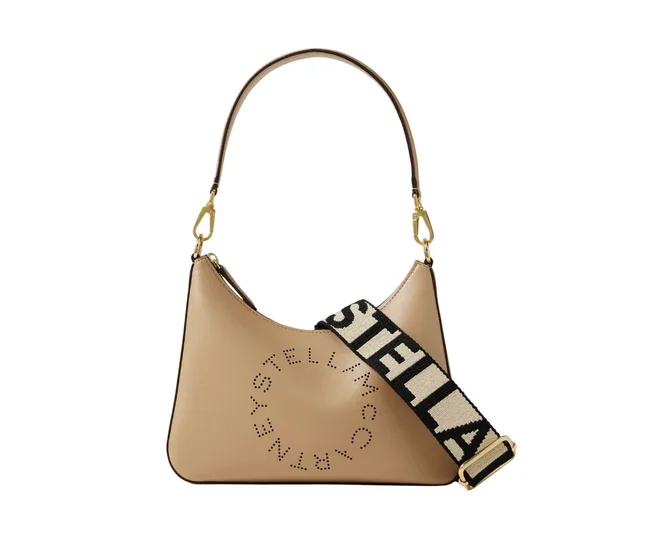 Tan Stella McCartney handbag with a black branded strap, featuring circular perforated logo design.