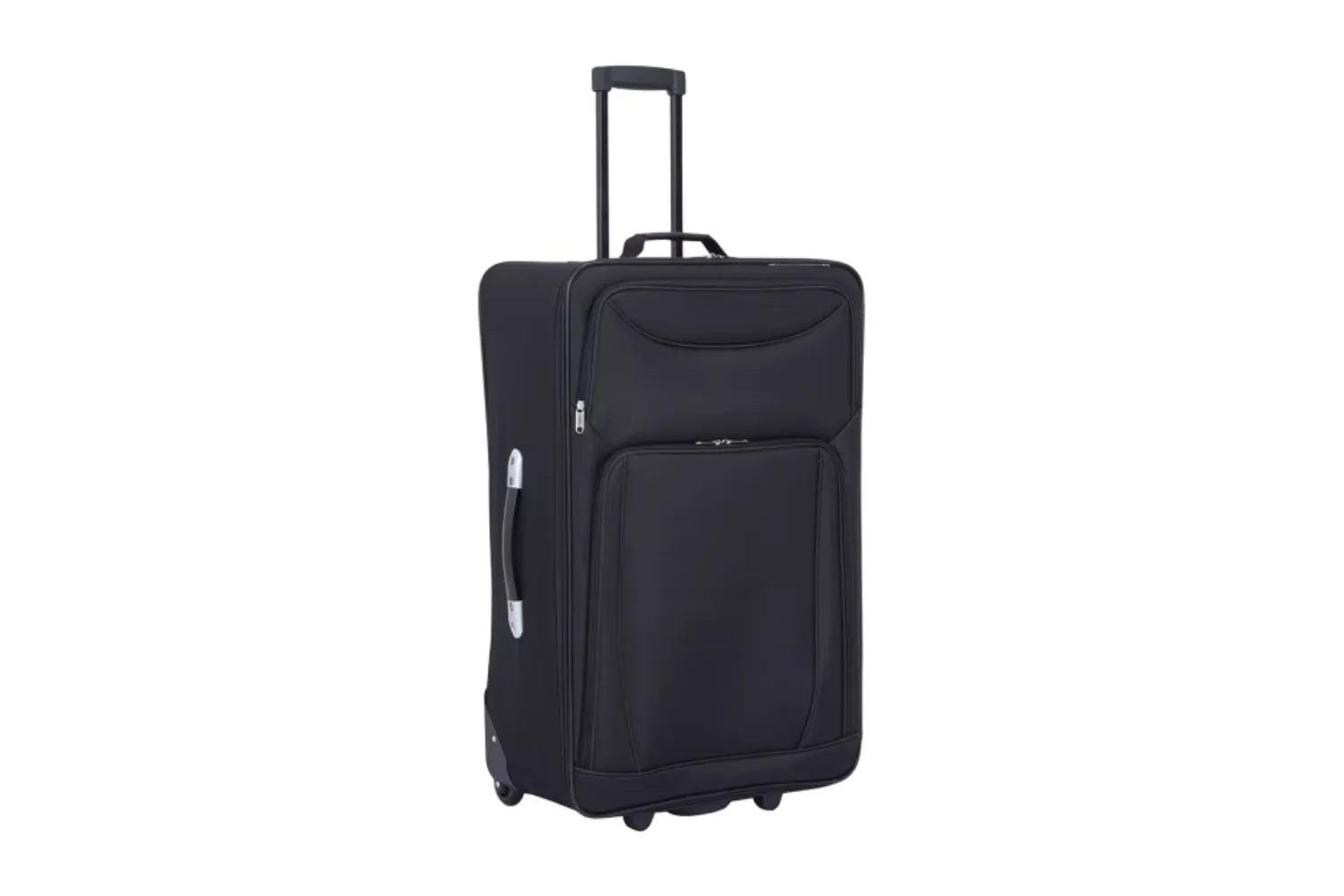 plain black soft suitcase with various zip up compartment on front