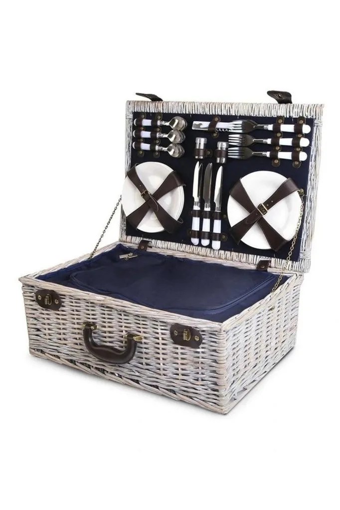 6-Person Picnic Basket Cooler Bag Wicker PU Fastening Straps Plates