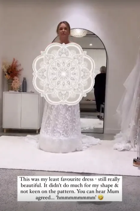 Melissa Rawson tries on wedding dresses