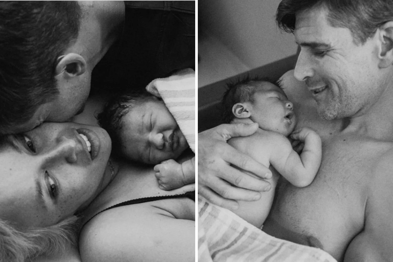 black and white images of osher Günsberg and audrey holding their new born baby