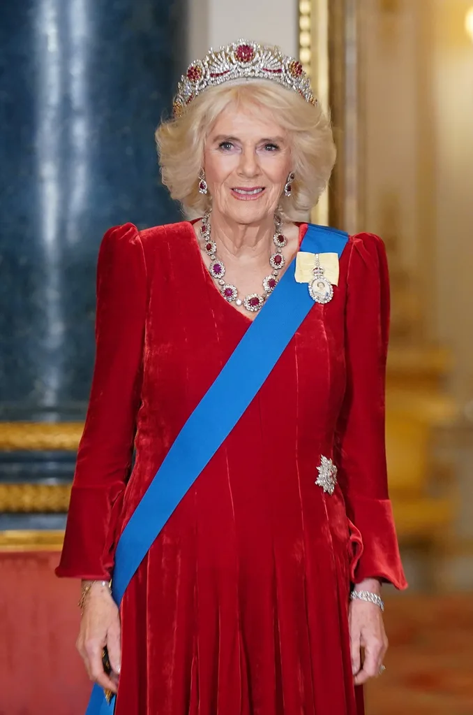 Queen Camilla wearing ruby crown at state banquet