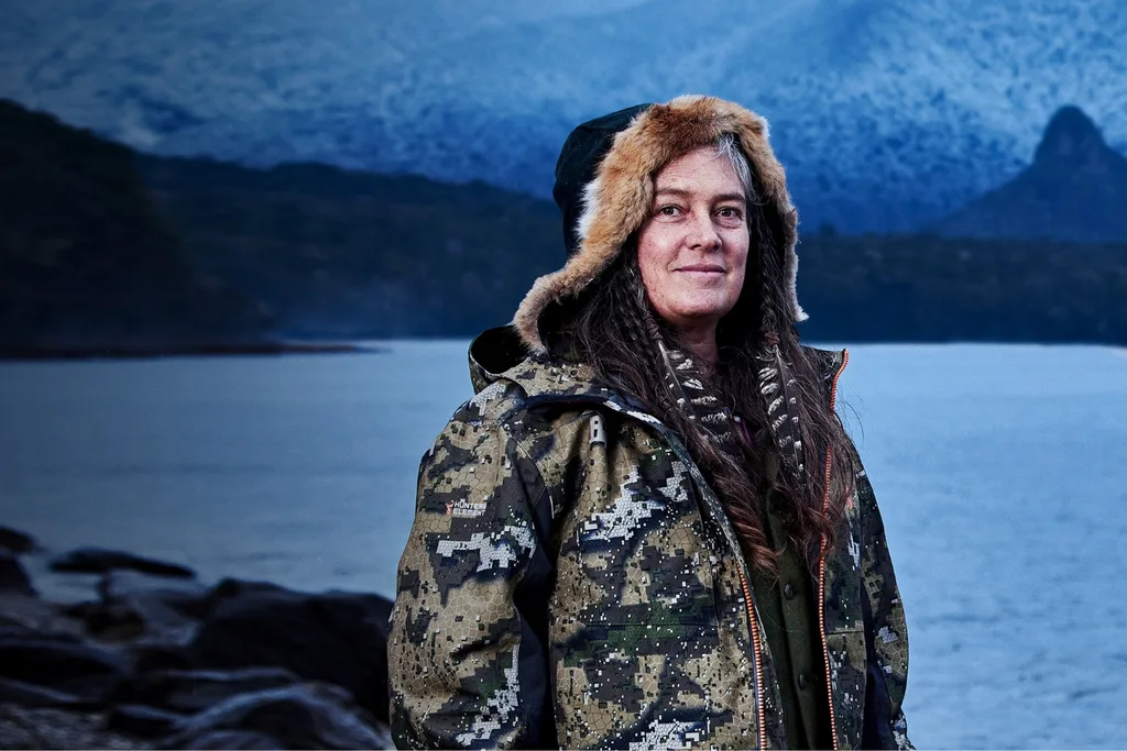 Alone contestant Suzan wearing a camoflauge hooded jacket standing outside in a cold environment with a body of water behind her.