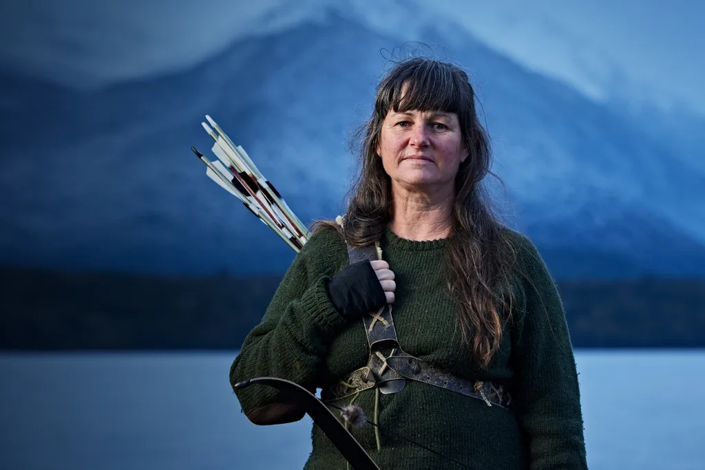 Alone contestant Tamika wearing a green jumper and holding a pouch of arrows standing in a cold environment.