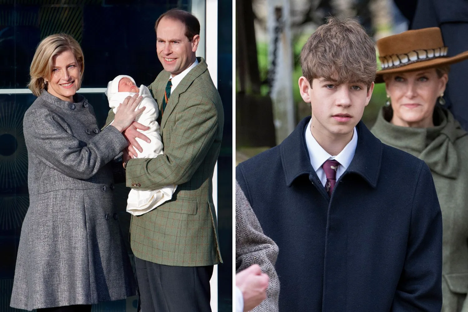 left: sophie countess of wessex and prince edward with james earl of wessex as a baby, right: james: earl of wessex in black coat and tie 