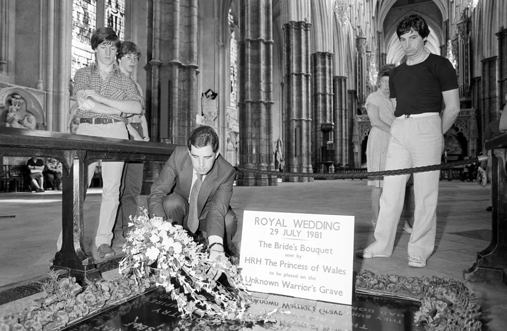 The Princess of Wales' wedding bouquet is laid on to the tomb of the Unknown Warrior