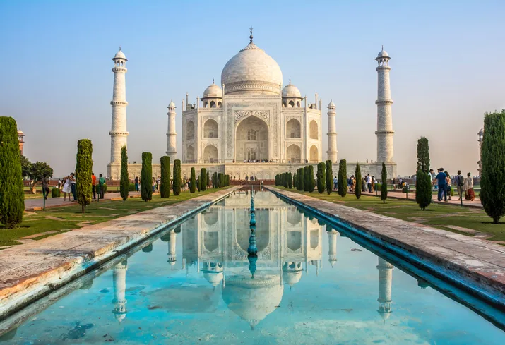 The Taj Mahal, on the south bank of the Yamuna river in the Indian city of Agra.