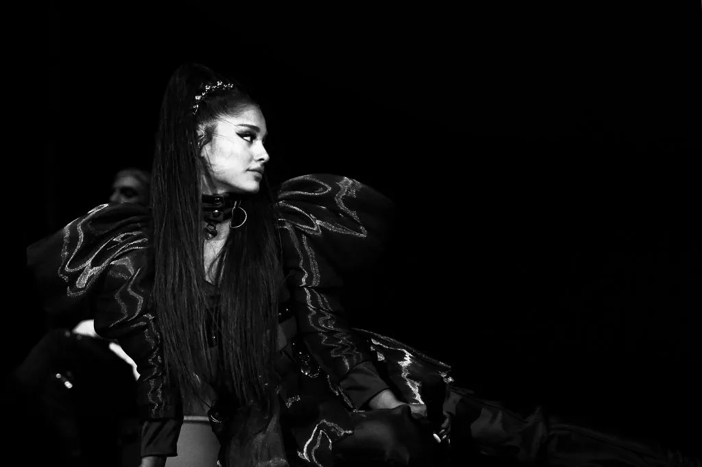 A black & white portrait of Ariana Grande at Coachelle