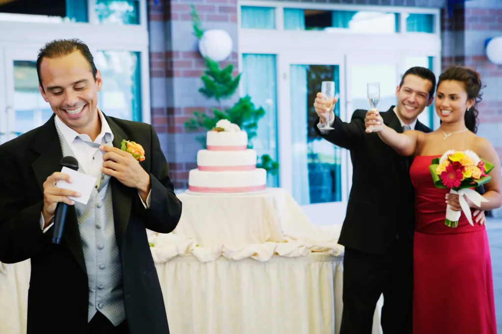 Friend doing a funny wedding toast for a couple