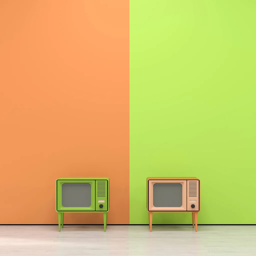 Two TVs on a green and orange background