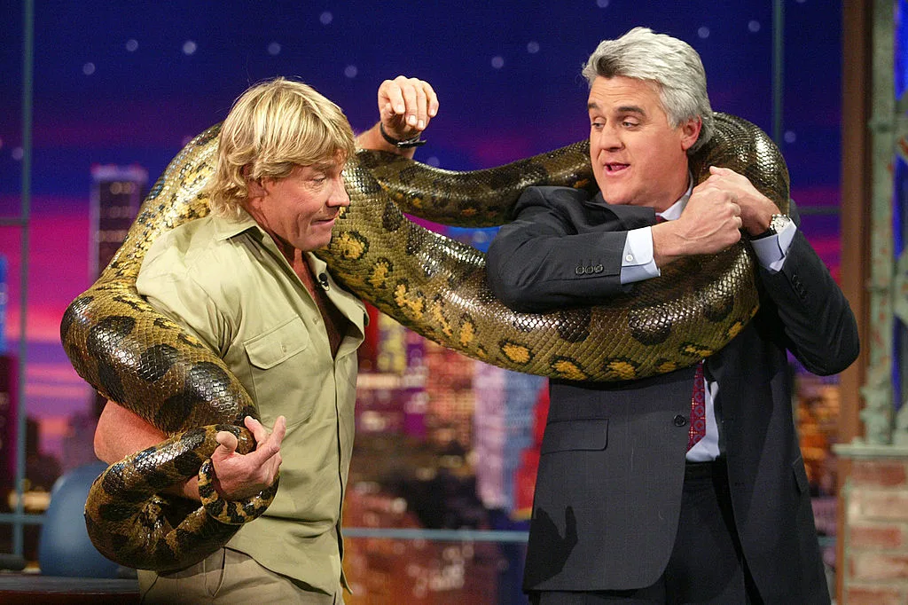 Steve Irwin with a huge snake on The Tonight Show