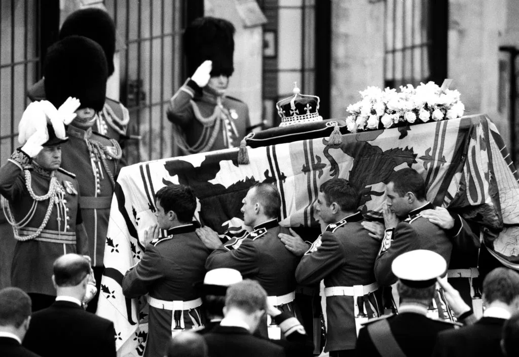 The Queen Mother's coffin during the ceremonial procession at Westminster Abbey