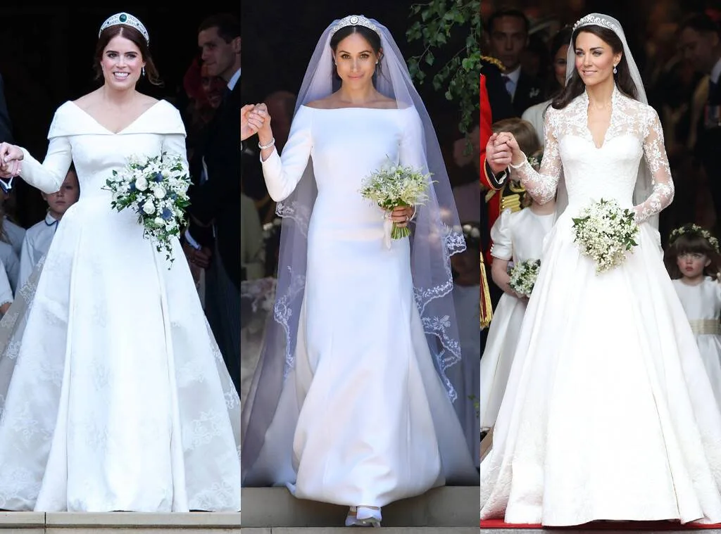 Eugenie, Meghan and Kate in their wedding dresses