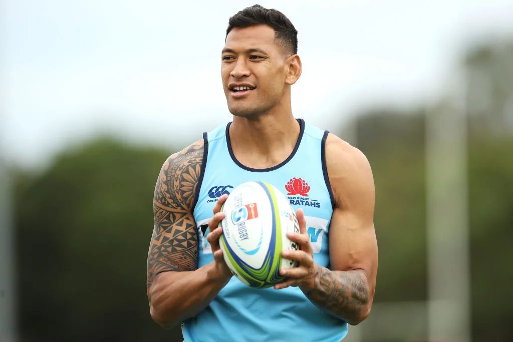 Israel Folau holding a rugby ball during a Waratahs Training Session