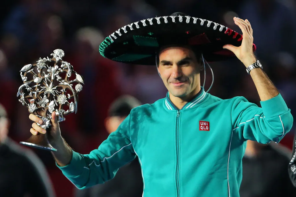 Roger Federer celebrating after winning 'The Greatest Match' between Roger Federer and Alexander Zverev