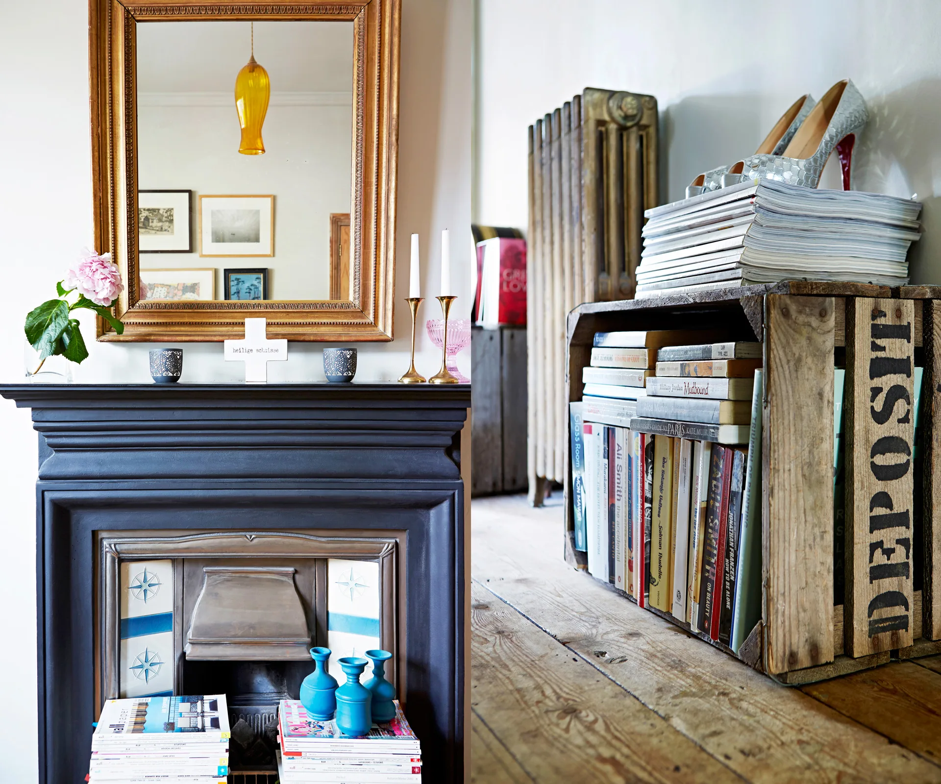 Collectables make a feature of the lounge fire when it is not in use; vintage crates from a local market work as hallway storage.