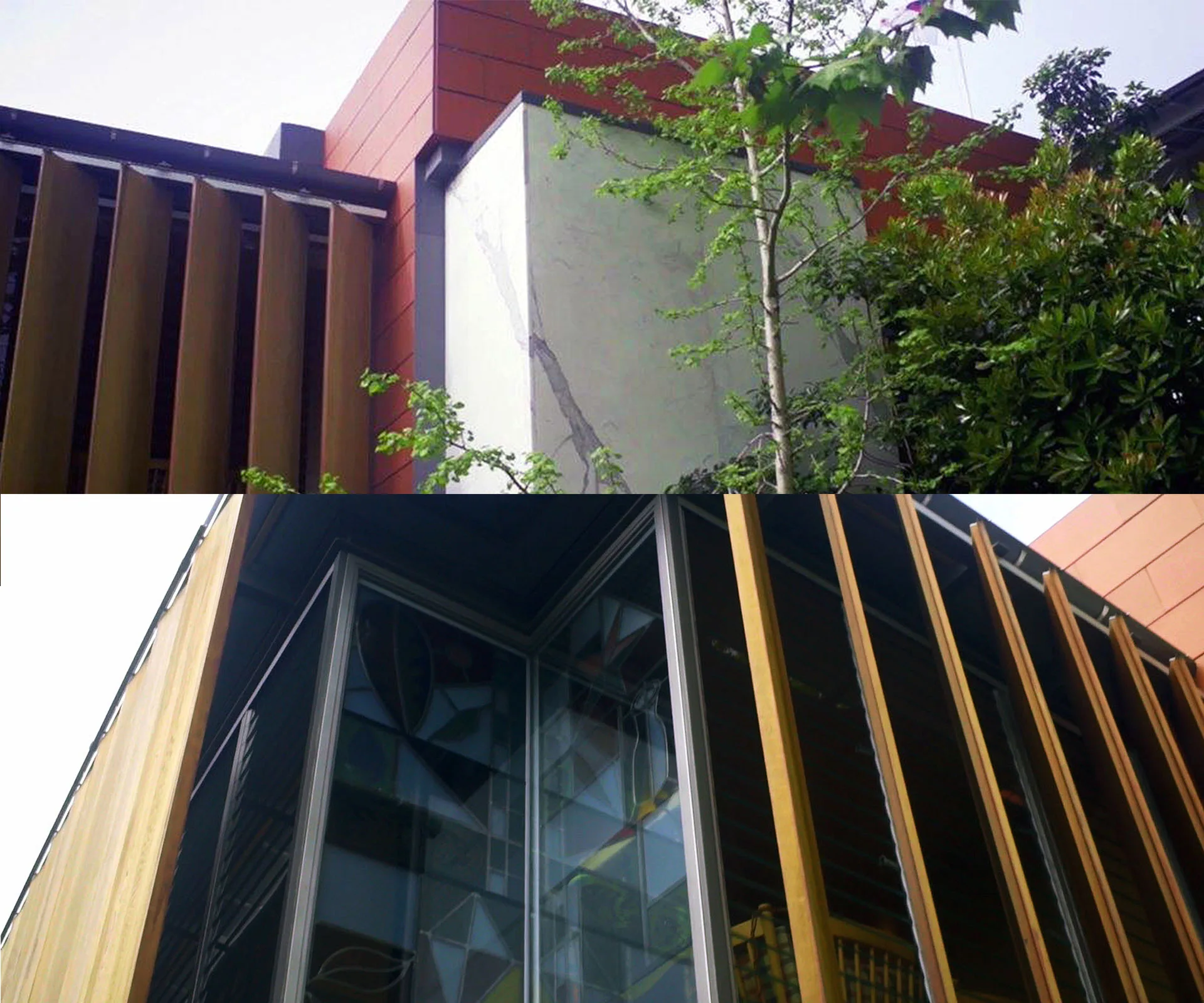 The front facade of architect Marshall Cook’s home is a masterclass in careful use of materials with careful but practical composition - the marble admits light into the shower area and the terracotta cladding is fireproof.