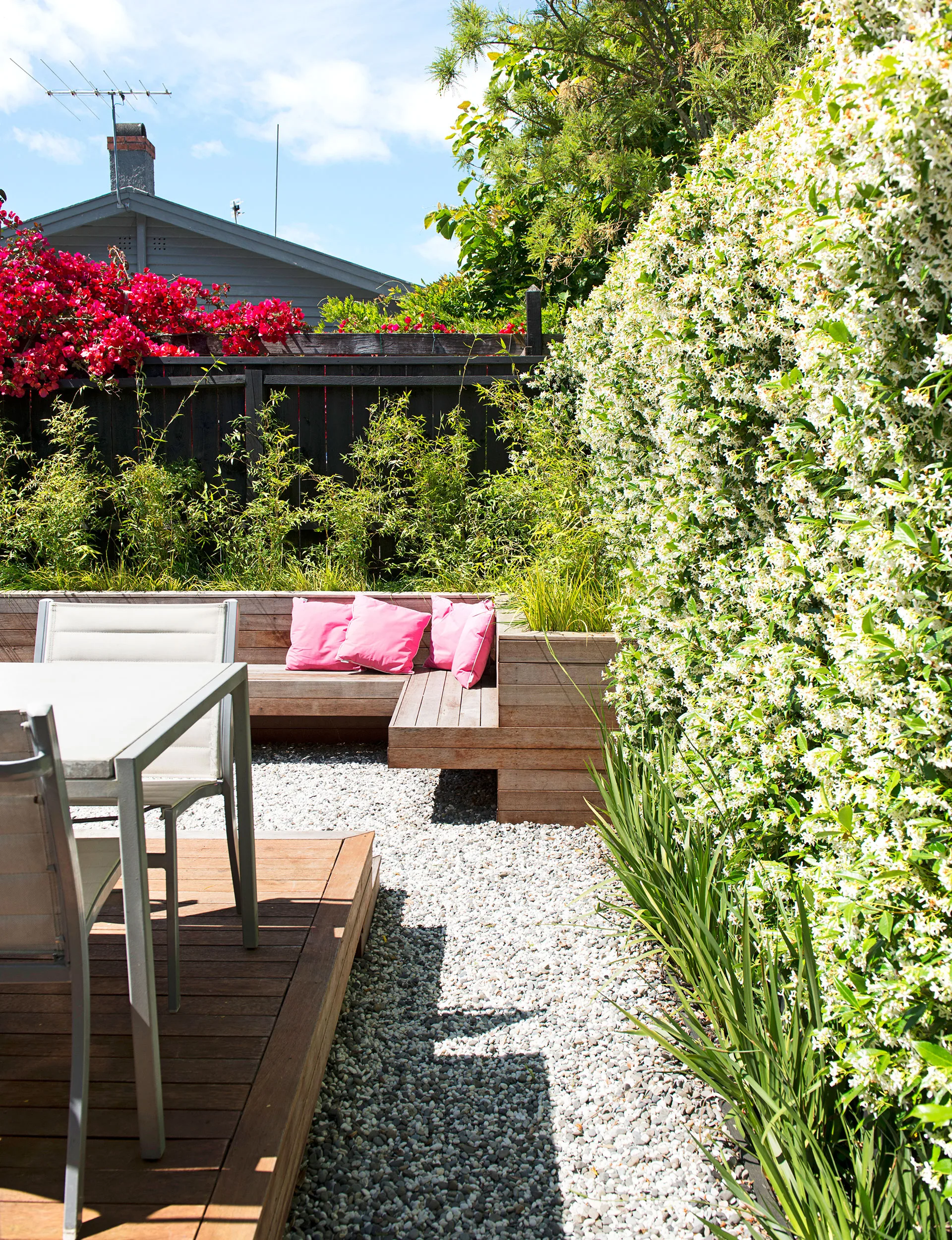 Built-in seating is cantilevered to increase the sense of space.