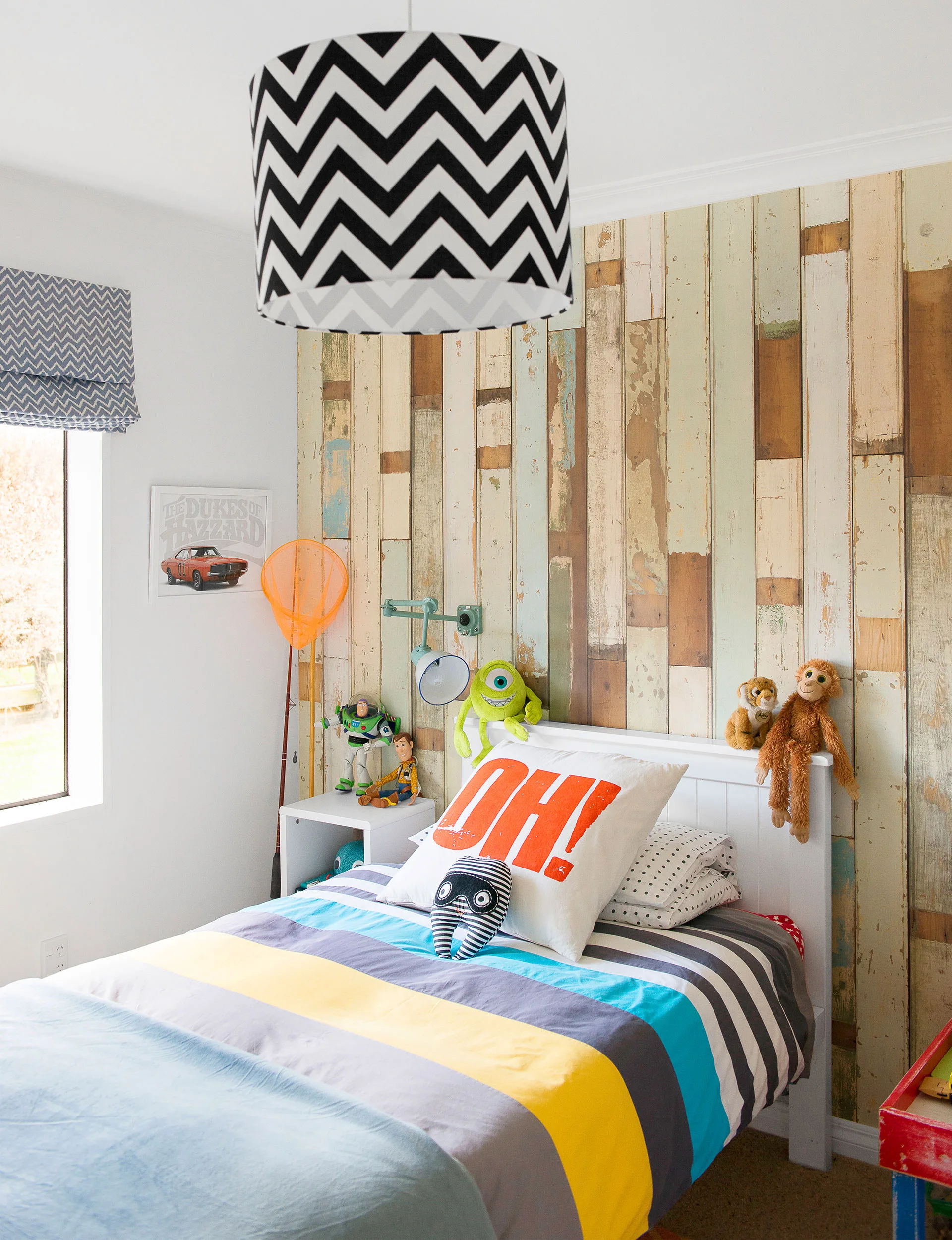 In Mack’s room colour and pattern deliberately clash for a fun, relaxed effect.