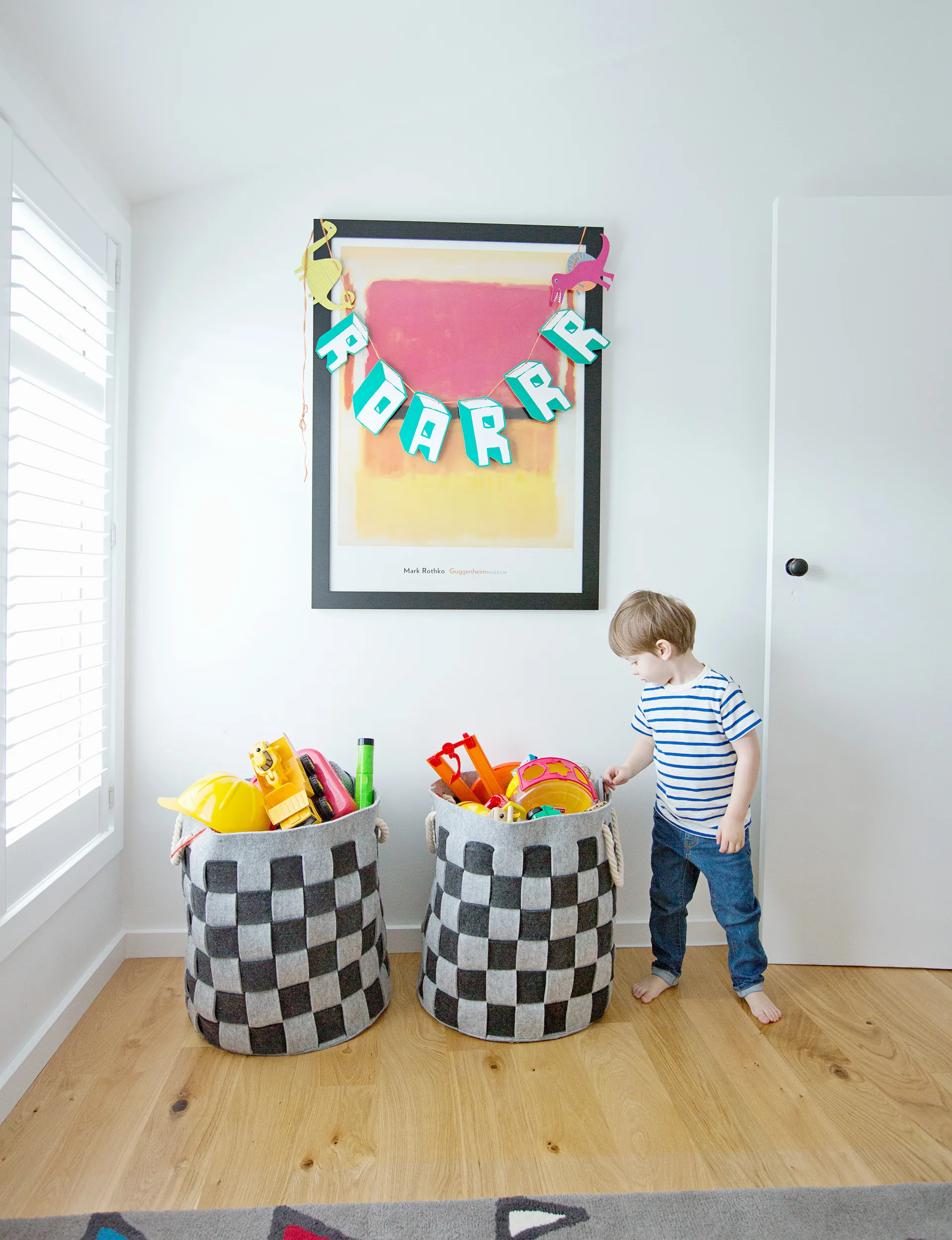 Felt storage bags from Mocka are the perfect way to keep toys tidy in the playroom.