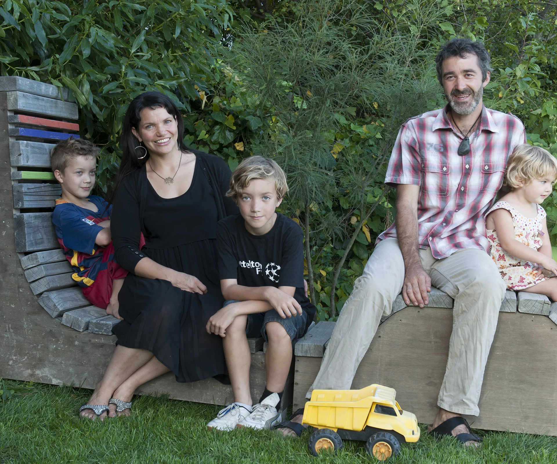 Pippin Wright-Stow, 37 (architectural designer and owner of F3 Design), Erica Viedma, 37 (yoga teacher), Jordi, 10, Rafi, 7, and Ariana, 3.