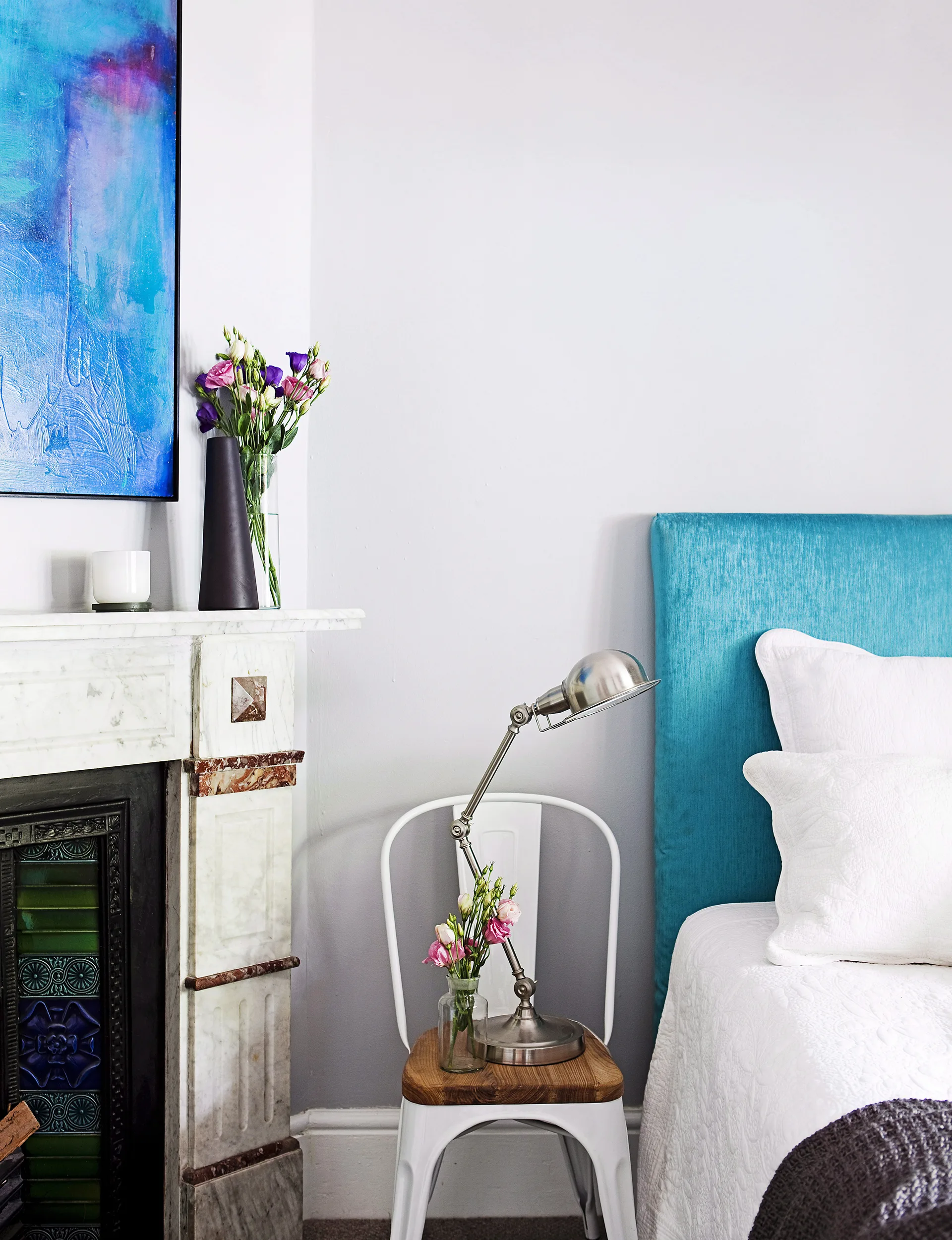 Dan and Dani used a replica ‘Tolix’ chair instead of a bedside table to add character.