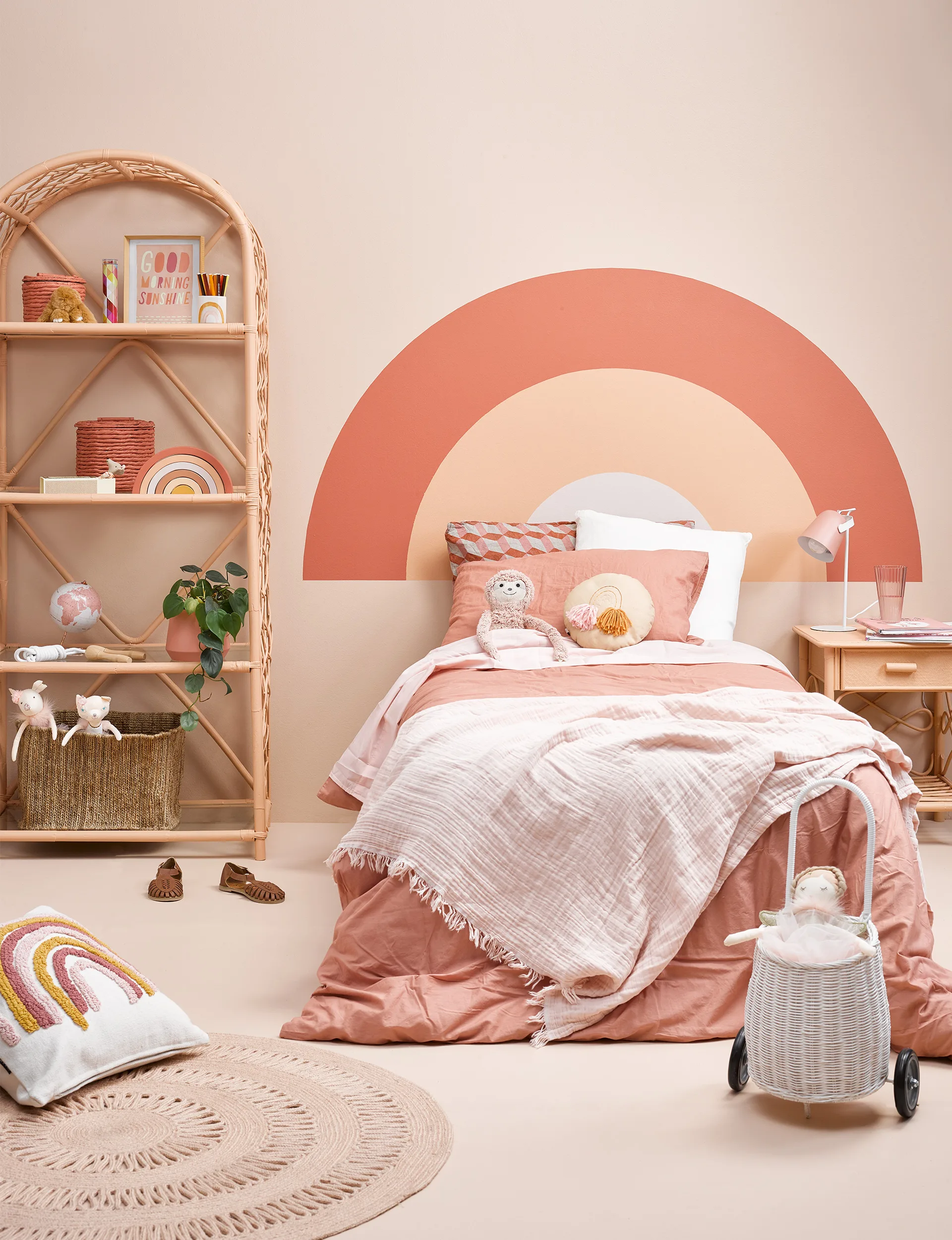 painting hack, painted headboard, wall rainbow