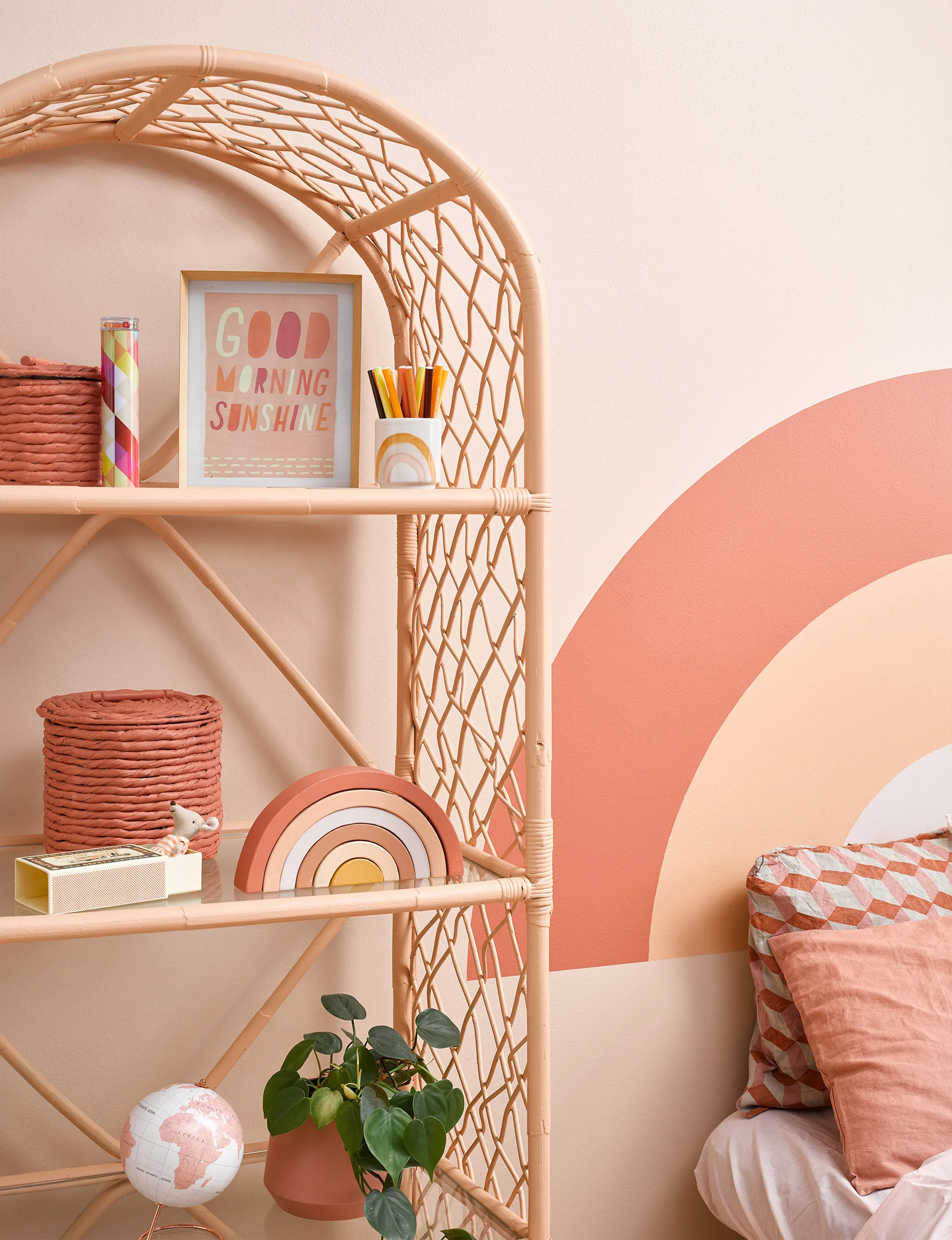 painting hack, painted headboard, wall rainbow