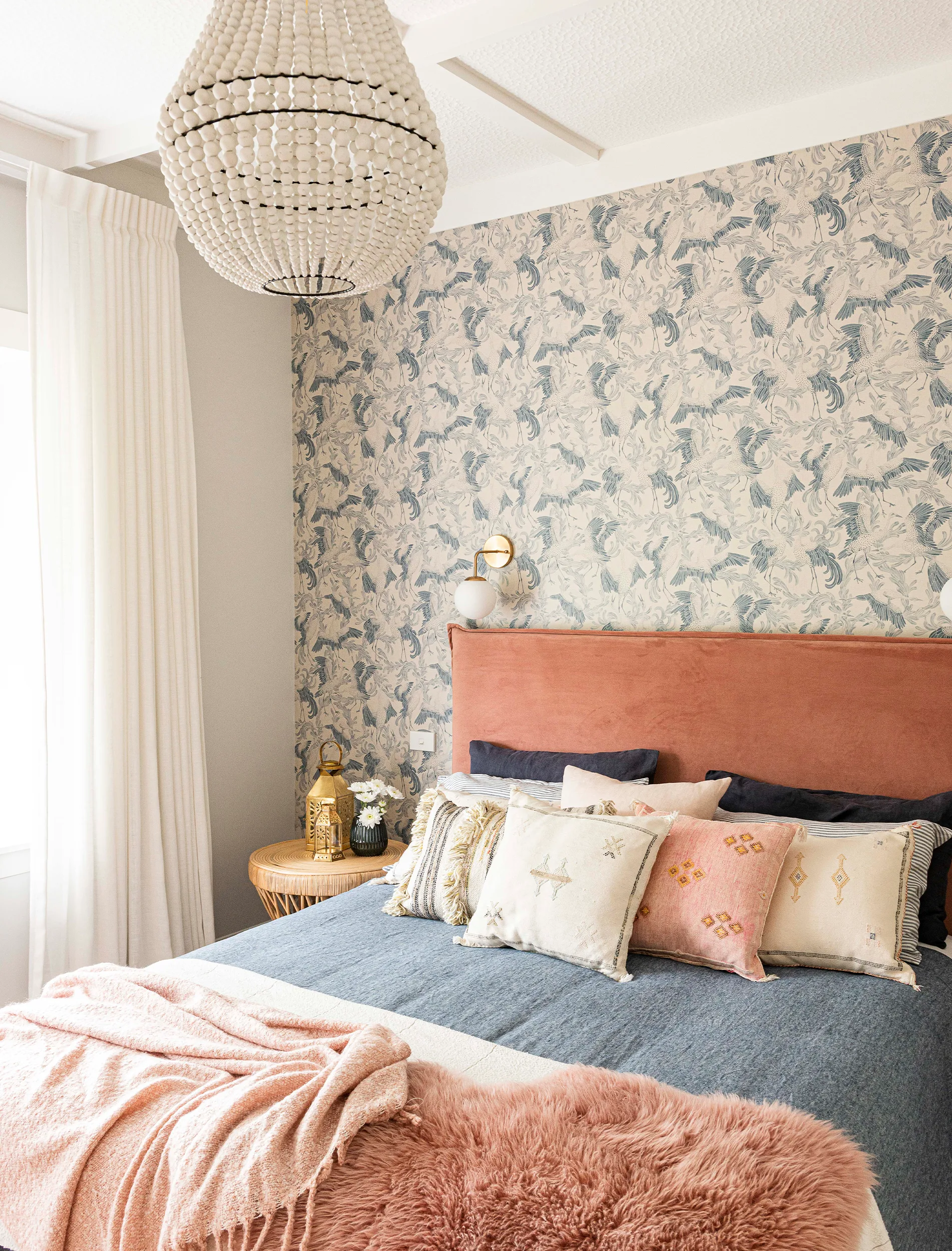 transitional villa, wallpaper bedroom