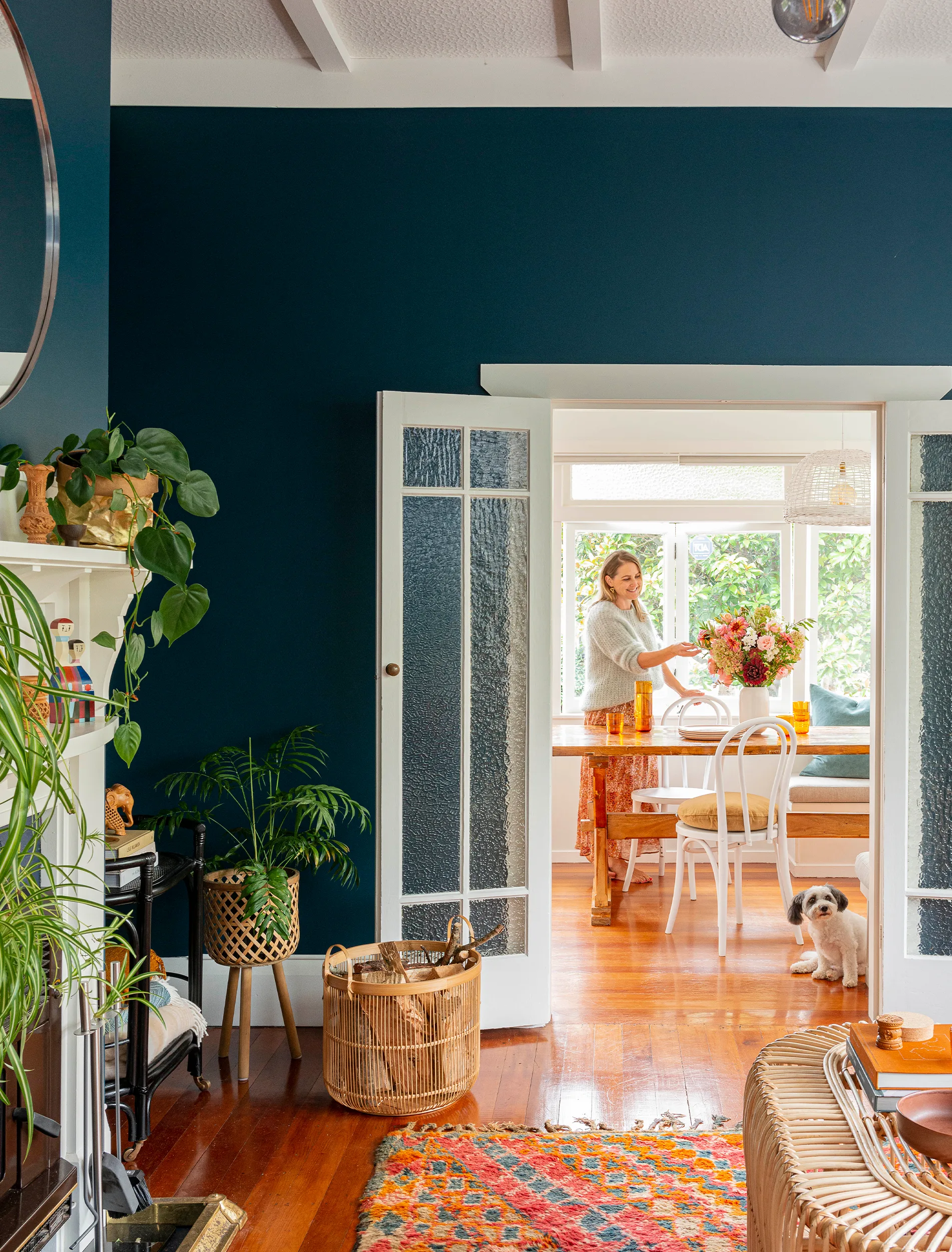 transitional villa, blue walls