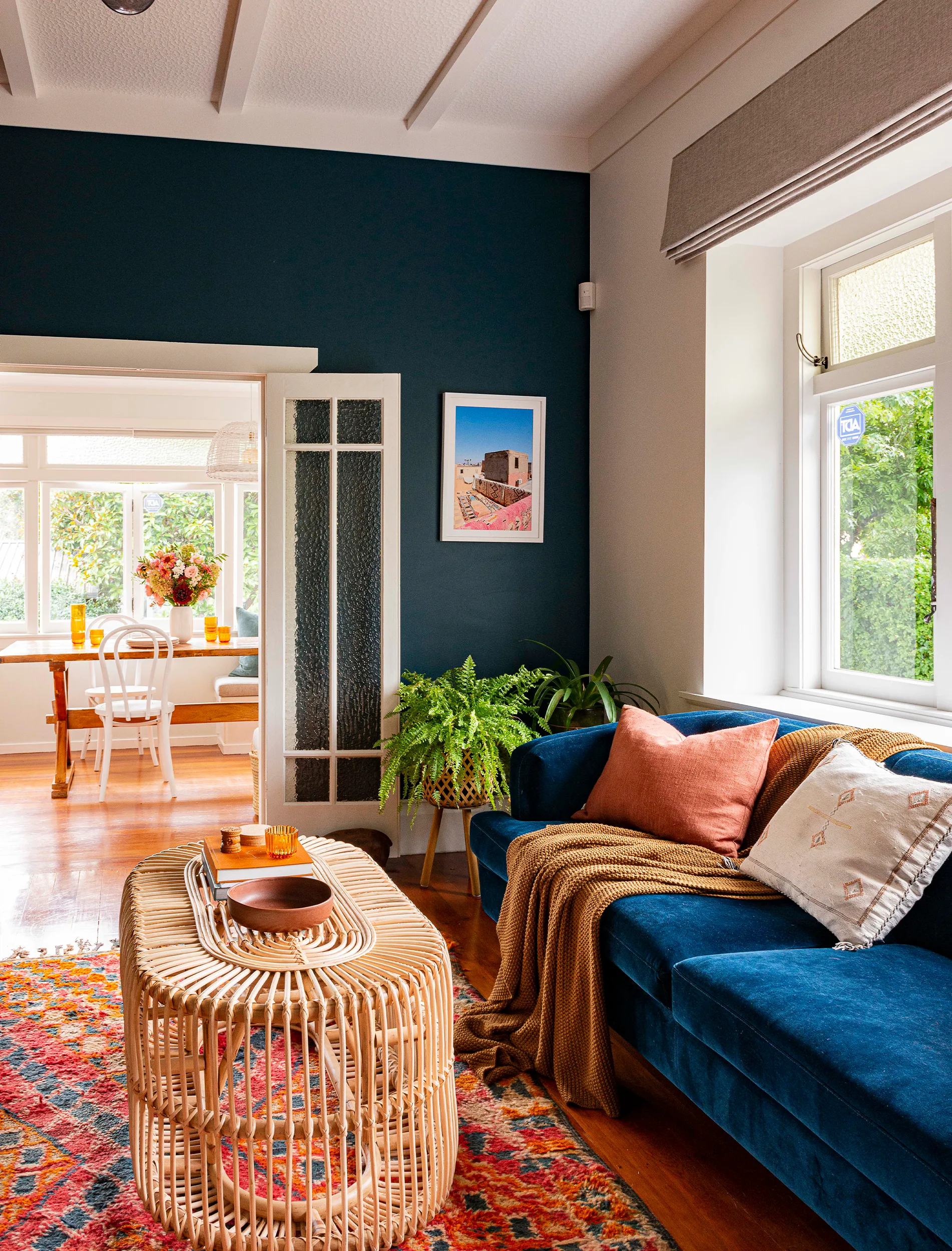 transitional villa, blue walls