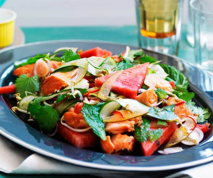 Crisp salmon with mint and pickled watermelon rind salad