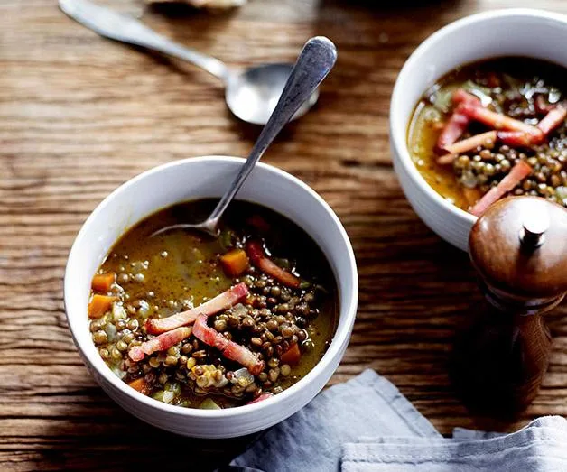 Spiced lentil soup with crisp bacon