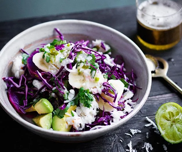 Sweet potato, green banana and crab with coriander-jalapeño dressing