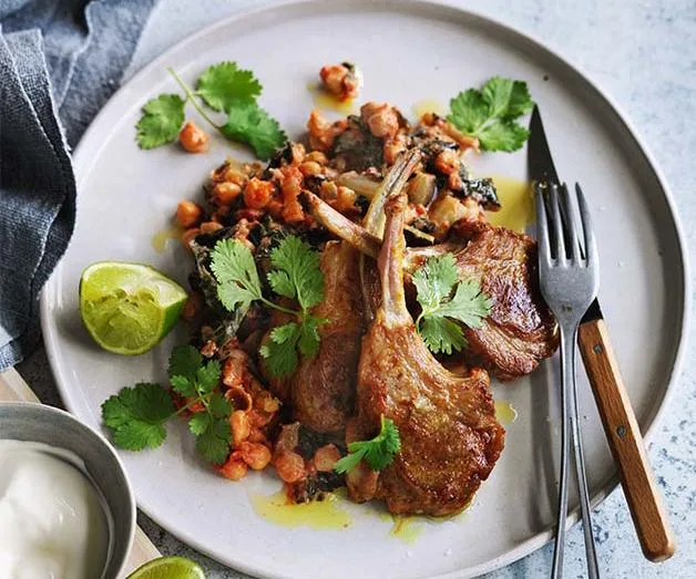 Spiced lamb chops with silverbeet, chickpeas and yoghurt recipe