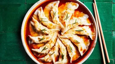 Aerial view of Kylie Kwong's prawn dumplings with chilli